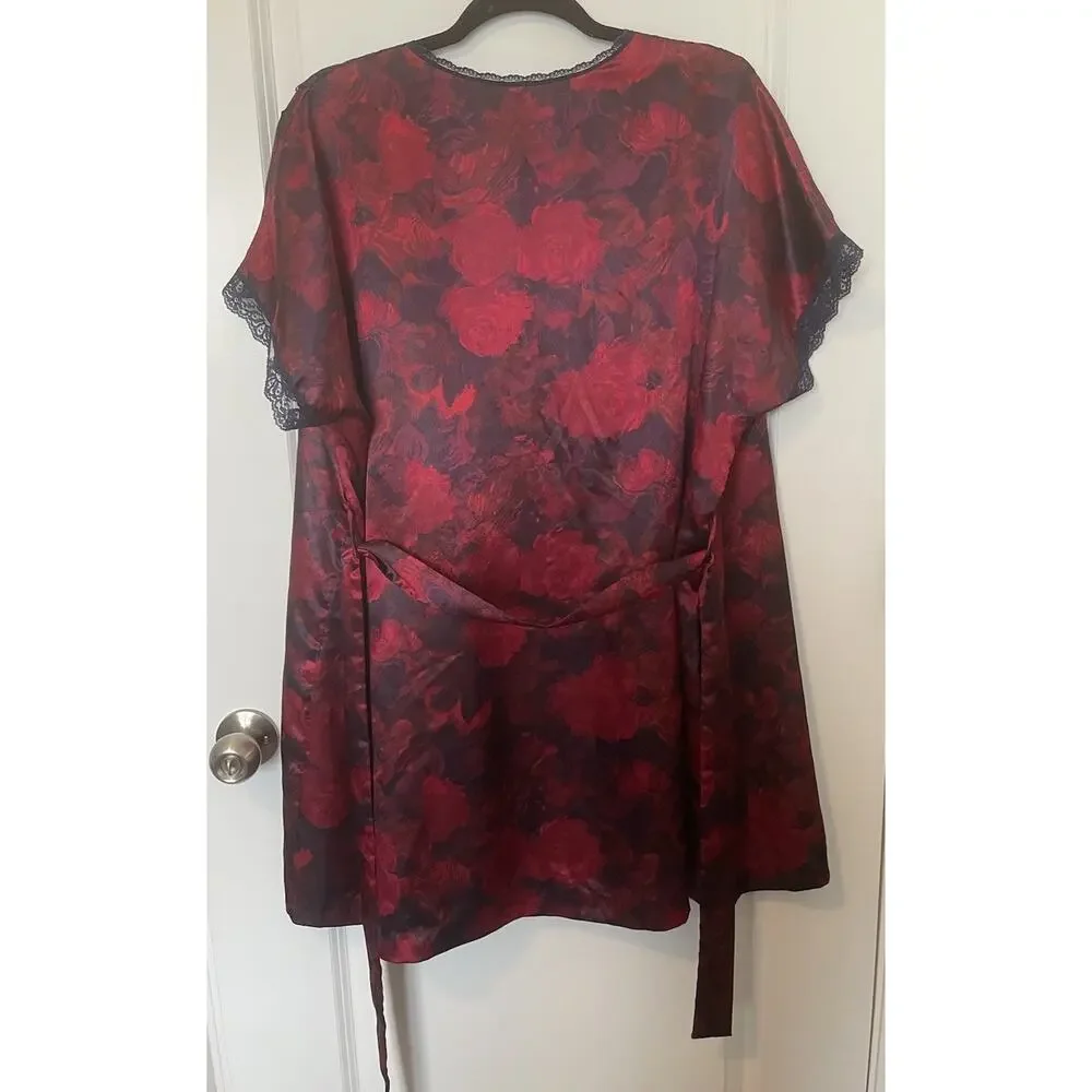 80s Vintage Vanity Fair Satin Floral Red Roses Navy Lace Trimmed Robe/Kimono LG